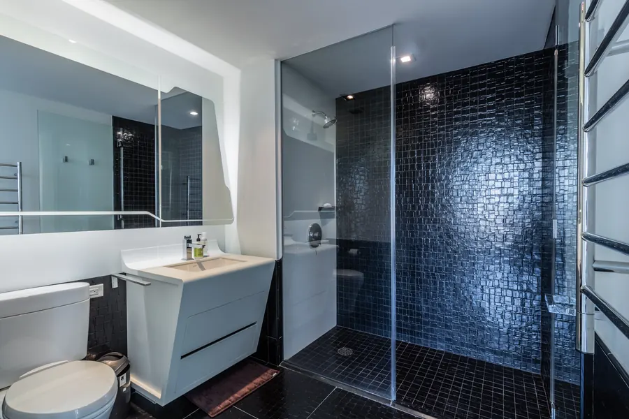 Bathroom with a glass shower and black tile