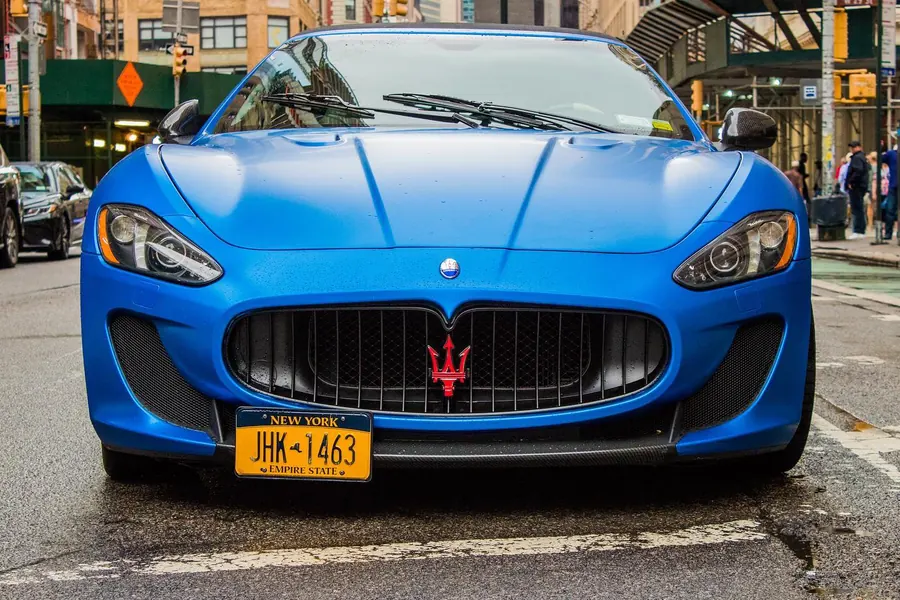 Blue Maserati GranTurismo head-on