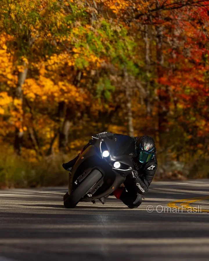 Black motorcycle leaned on a road in front of fall trees