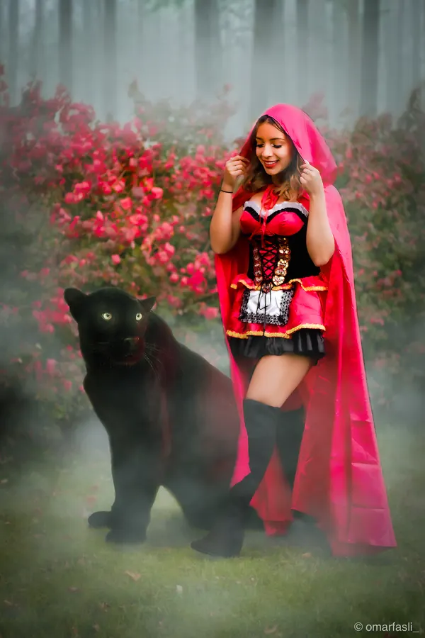 Red Riding Hood with a black panther in a foggy garden