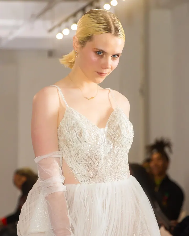 Close view of a model in a white lace bridal top